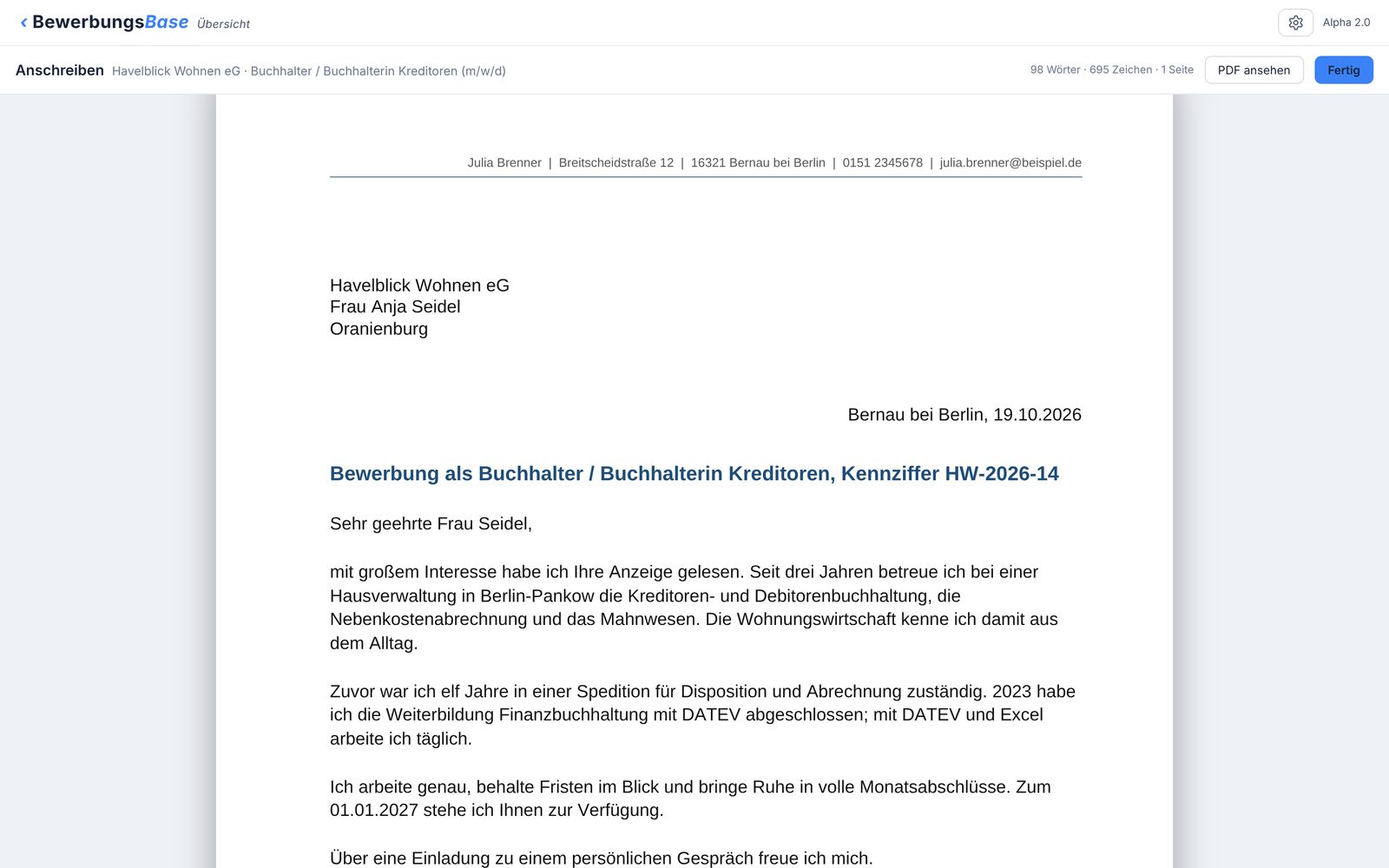 Anschreiben-Editor auf einem A4-Blatt