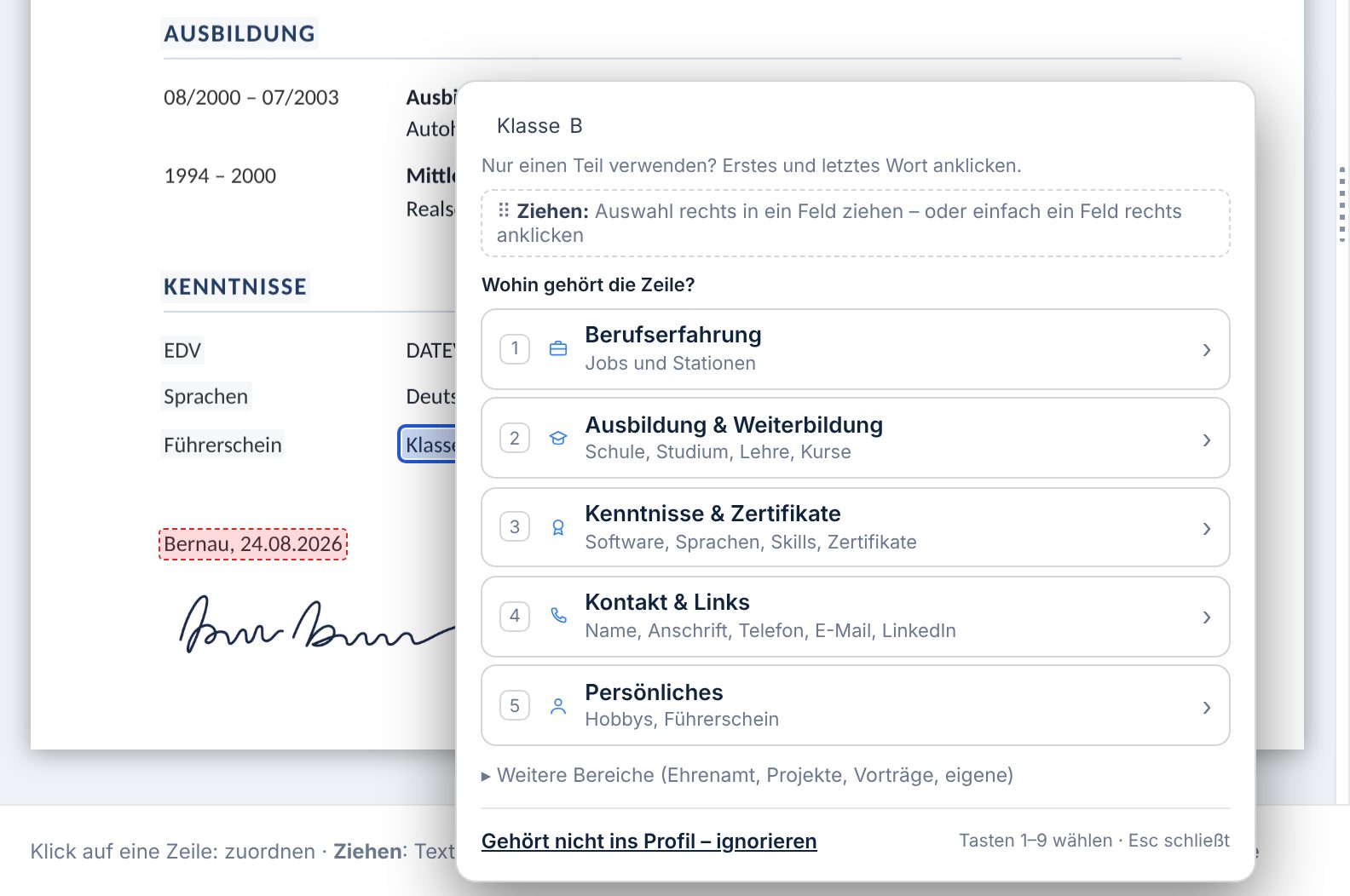 Auswahl, wohin die Zeile Klasse B gehört